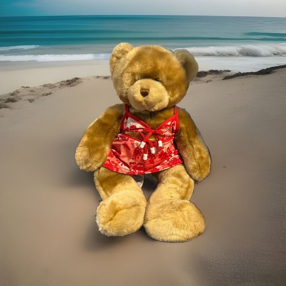 Build-A-Bear Lil’ Honey Teddy Bear Plush 16” Tan Brown Red Hibiscus Swimsuit